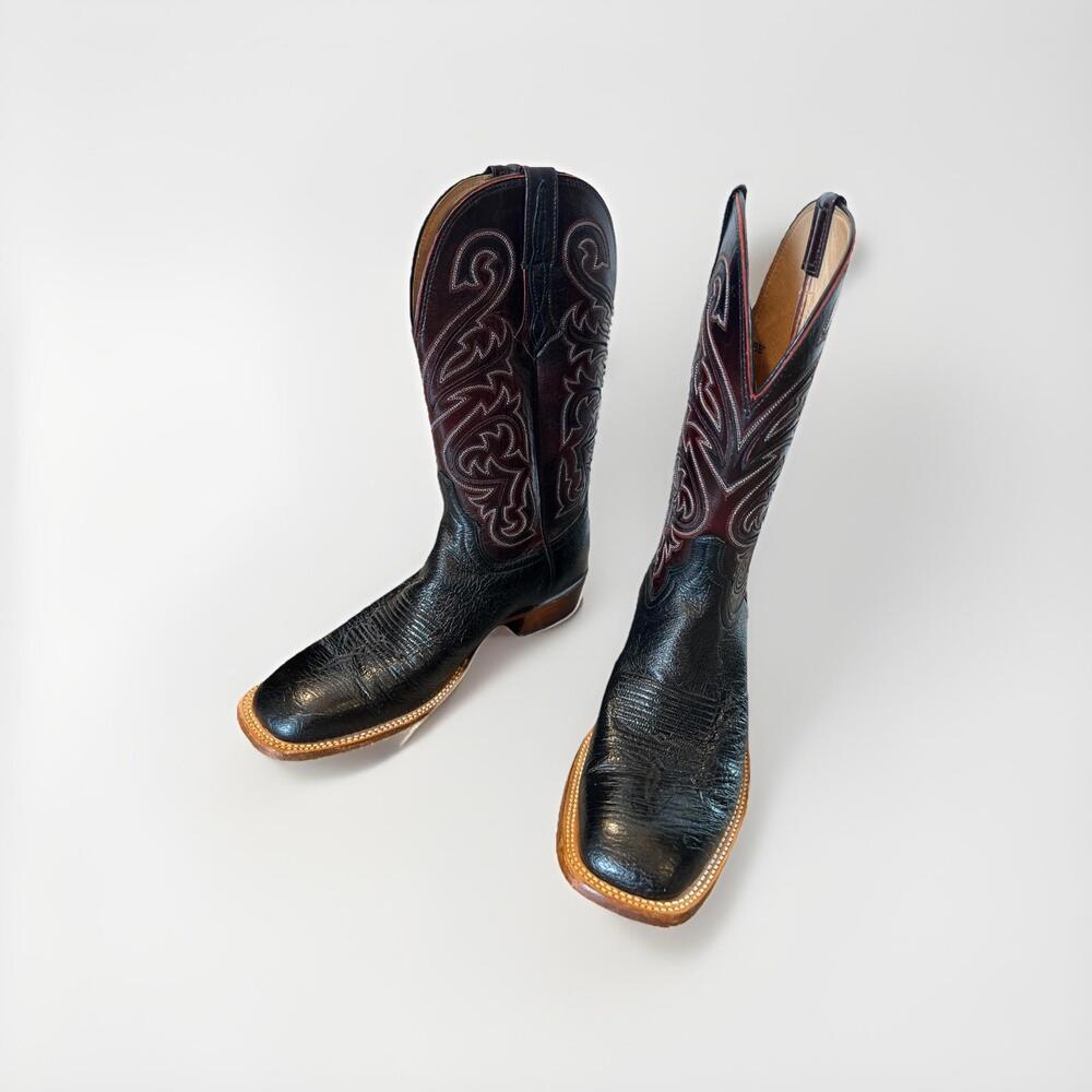 LUCCHESE CURRENT MODEL MENS SMOOTH OSTRICH BELLY BOOTS SIZE 10 CHERRY RED BLACK